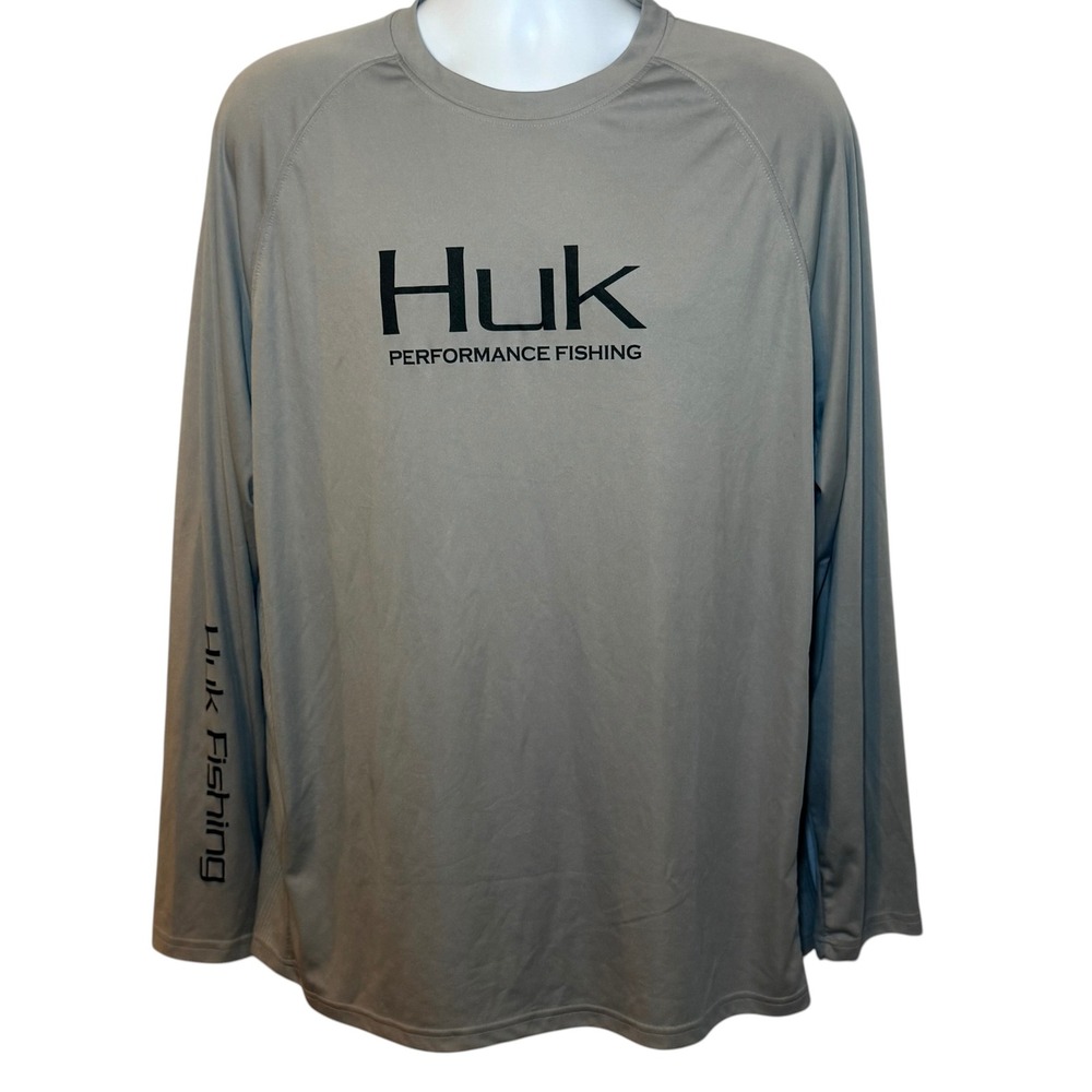 Huk Performance Fishing Shirt Mens XXL Gray Long Sleeve Mesh Panel Logo Tee